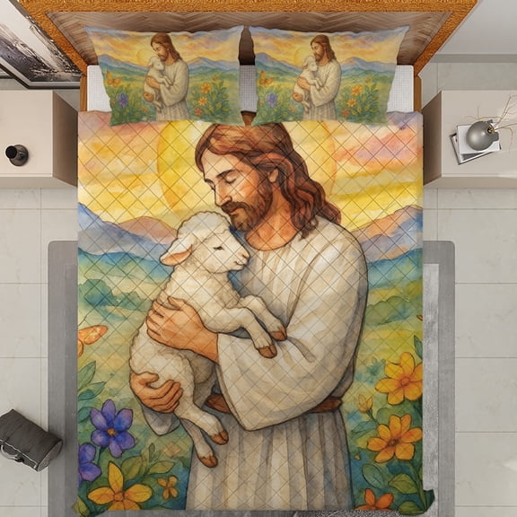 Lotusprinthandmade Jesus Hugging Sheep Quilt Bedding Set, White Binding, 60x70