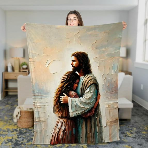 Lotusprinthandmade Jesus Hugging Women Fleece Blanket 2 Sizes (Made in US) (60"x50"), Christian-Themed Blanket, Faith-Inspired Bedding
