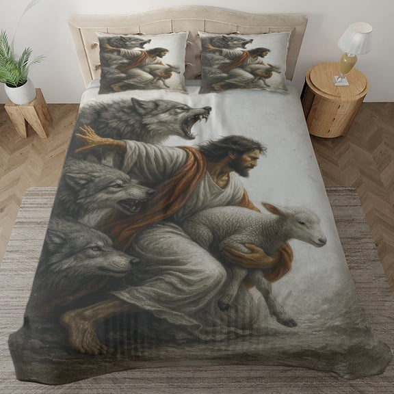 Lotusprinthandmade Jesus and Lamb Wolf Christian Bedding Set, Multicolor, 68x88