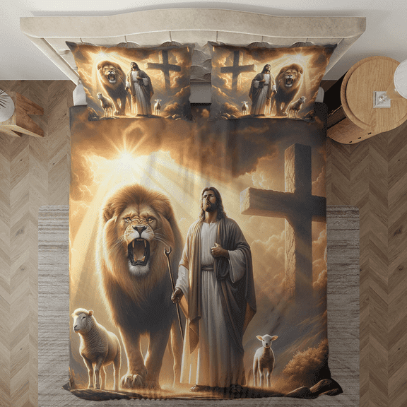 Lotusprinthandmade Jesus Lion and Lamb Bedding Set 104 x 88 Inch
