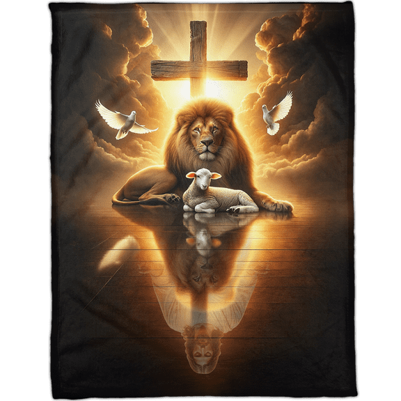 Lotusprinthandmade Jesus Lion and Lamb Jesus Portrait Fleece Blanket 2 Sizes (Made in US)