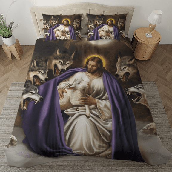 Lotusprinthandmade Jesus Protects Lamb From Wolf Bedding Set (Made in Vietnam) (60x80), faith-inspired bed set, jesus and lamb comforter