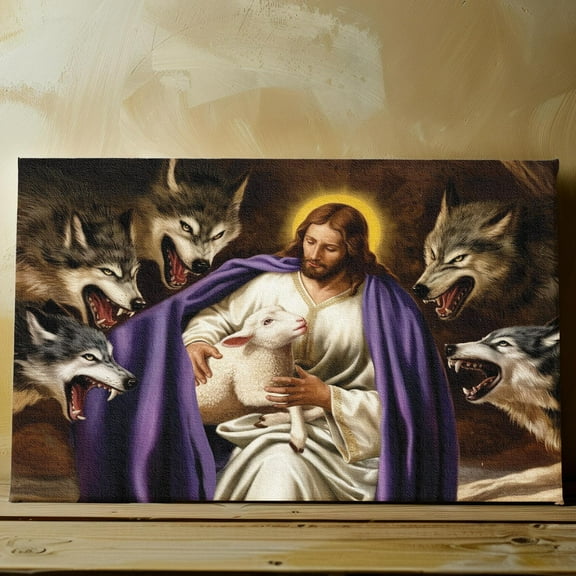 Lotusprinthandmade Jesus Protects Lamb From Wolf Canvas 1.5in 36" x 24", faith-based christian wall art, religious decor
