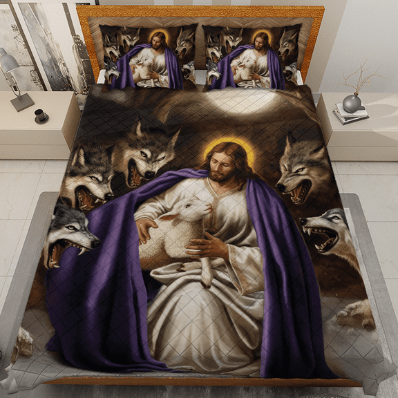 Lotusprinthandmade Jesus Protects Lamb From Wolf Quilt Bedding Set Quilt Bedding Set (White Binding) 5 Sizes (Made in Vietnam) (60x70), faith-inspired quilt bedding