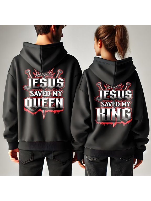 Jesus Saved My Queen/ King Matching Couple Black Hoodie 2D (M), couple hoodie with jesus message, matching hoodies for couples