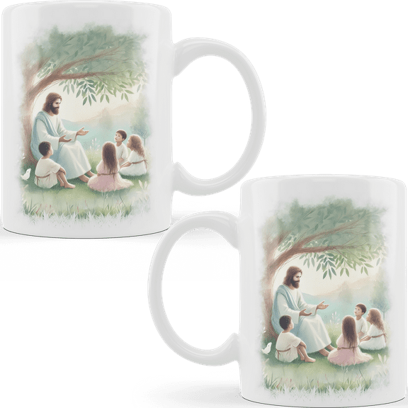Lotusprinthandmade Jesus Teaching Children White Ceramic Mug (11oz) (Made In US), Faith-based Coffee Mug, Religious Faith Mug