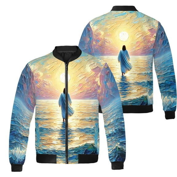 Lotusprinthandmade Jesus Walking All-over Print Bomber Jacket S-5XL Multicolor (M), Christian-Themed Bomber Jacket, Faith-Inspired Jesus Design Jacket