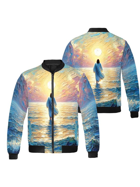 Jesus Walking All-over Print Bomber Jacket S-5XL Multicolor (S), Christian-Themed Bomber Jacket, Faith-Inspired Jesus Design Jacket