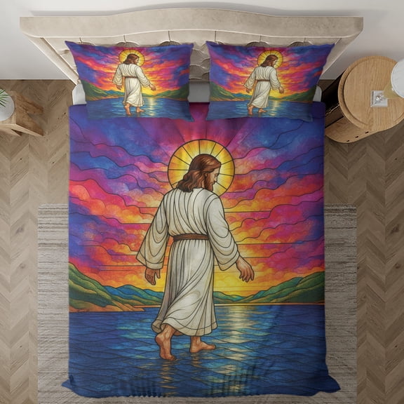 Lotusprinthandmade Jesus Walking Bedding Set, Multicolor, 78x88