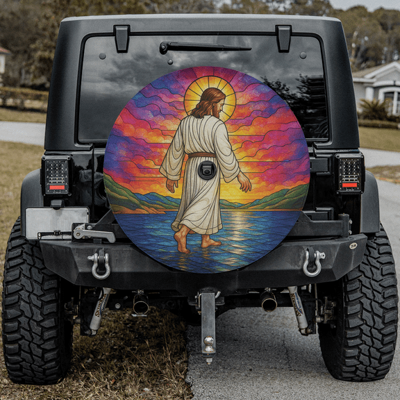 Lotusprinthandmade Jesus Walking Spare Tire Cover With Backup Camera Hole 6 Sizes (27 in.)