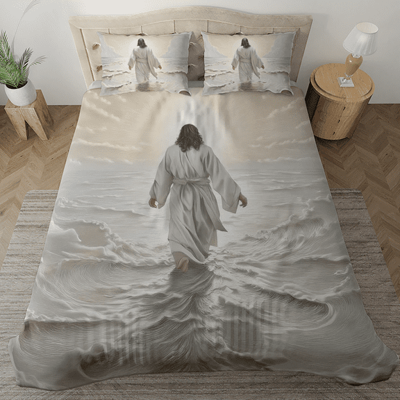 Lotusprinthandmade Jesus on Water Jesus Christian Bedding Set (Made in Vietnam) (60x80), christian faith-inspired bed set, religious jesus-themed duvet cover