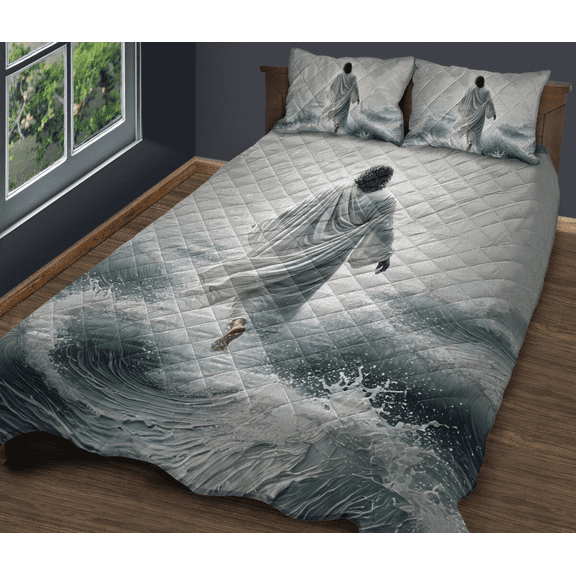 Lotusprinthandmade Jesus on Water Quilt Bedding Set (White Binding) 5 Sizes (Made in Vietnam) (90x100), jesus quilt bed set, faith themed quilt bedding, christian quilt bedding set