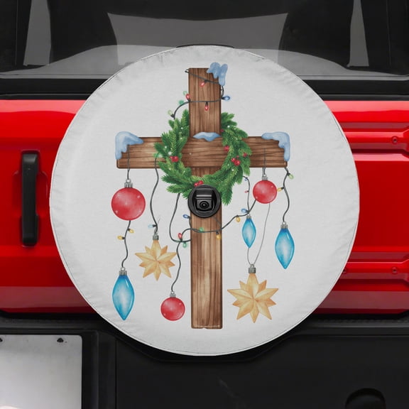 Lotusprinthandmade Jesus and Christmas Light Spare Tire Cover With Backup Camera Hole 6 Sizes (27 in.), jesus christmas theme tire cover