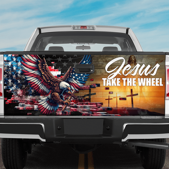Lotusprinthandmade Jesus and Eagle with Cross Tailgate Wrap 2 Sizes