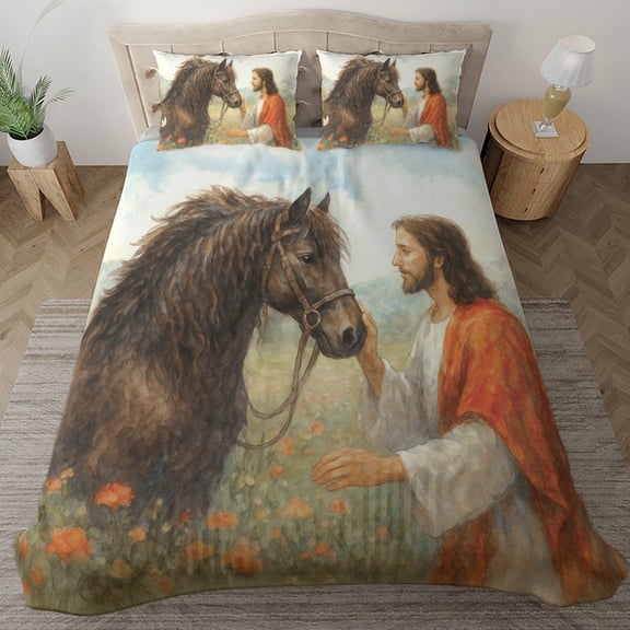 Lotusprinthandmade Jesus and Horse Christian Bedding Set (Made in Vietnam) (78x88), jesus horse duvet cover, faith based and horse comforter set