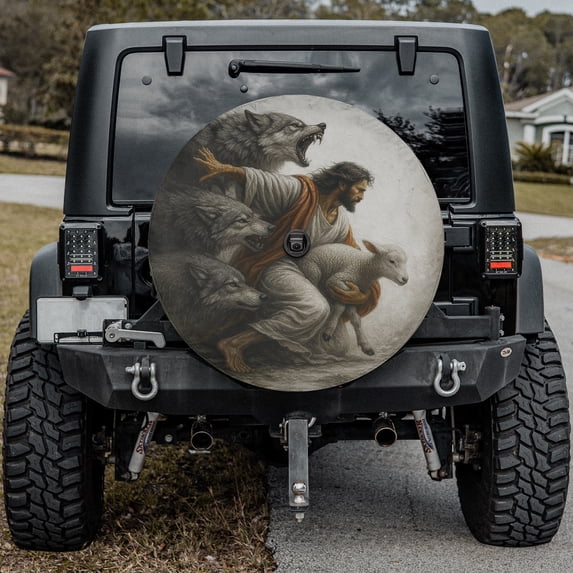 Lotusprinthandmade Jesus and Lamb Wolf Christian Spare Tire Cover With Backup Camera Hole 6 Sizes (27 in.), faith based spare tire cover