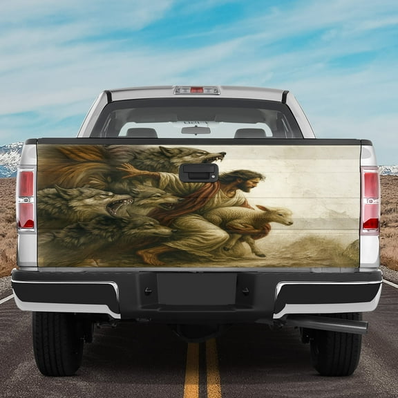 Lotusprinthandmade Jesus and Lamb Wolf Christian Tailgate Wrap 2 Sizes (24"x58"), faith based tailgate wrap, christian truck decal