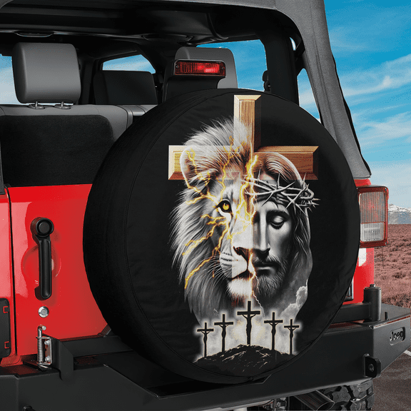 Lotusprinthandmade Jesus and Lion Christian God Spare Tire Cover Without Backup Camera Hole 6 Sizes (27 in.), lion jesus tire cover