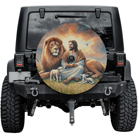 Lotusprinthandmade Jesus and Lion Lamb Spare Tire Cover With Backup Camera Hole 6 Sizes (30 in.)
