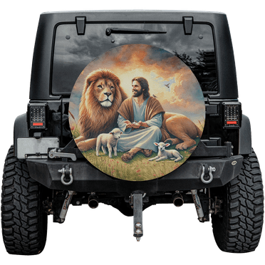 Lotusprinthandmade Jesus and Lion Lamb Spare Tire Cover Without Backup Camera Hole 6 Sizes (27 in.)