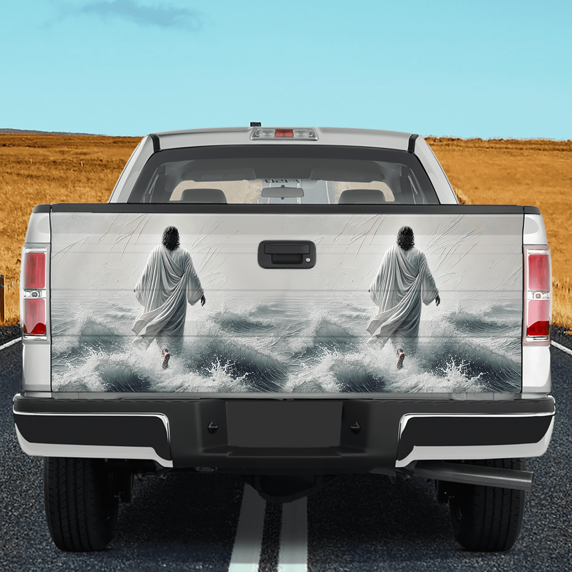 Lotusprinthandmade Jesus on Water Tailgate Wrap 2 Sizes (24"x58"), Book Lovers Gift, book lovers truck tailgate wrap, book themed tailgate wrap
