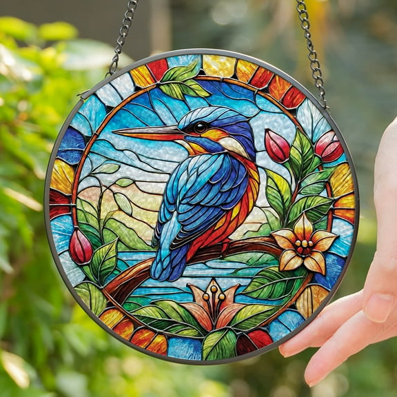 Lotusprinthandmade Kingfisher Bird Stained Glass Suncatcher for Window Hanging Cir4in, Handmade Colorful Nature Glass Art Decor, Bird Lover Gift