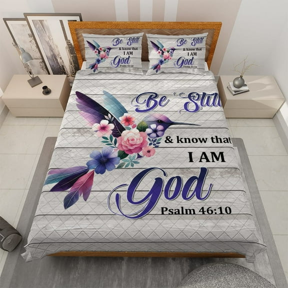 Lotusprinthandmade Know That I Am God Floral Bird Quilt Bedding Set (White Binding) 5 Sizes (Made in Vietnam) (55x60), faith based floral bird quilt cover, inspirational bird quilt