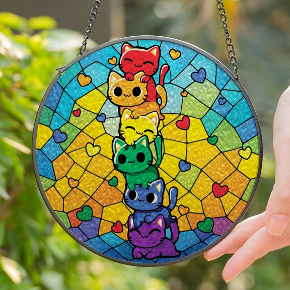 Lotusprinthandmade LGBT Cat Pride Stained Glass Suncatcher for Window Hanging Cir4in – Window Hanging With LGBT Cat Pride Theme