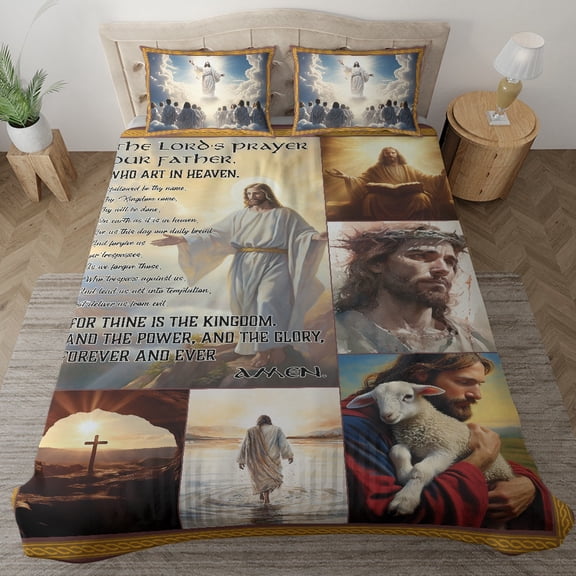 Lotusprinthandmade Lamb And Jesus Christian Bedding Set (Made in Vietnam) (68x88), Jesus-Themed Lamb Comforter Set, Faith-Inspired Lamb Of God Bedding