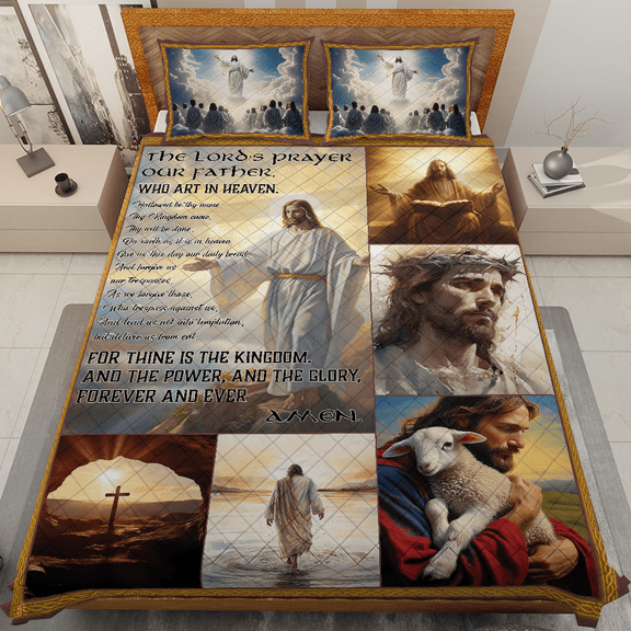 Lotusprinthandmade Lamb And Jesus Christian Quilt Bedding Set (White Binding) 5 Sizes (Made in Vietnam) (55x60), Faith-Inspired Quilt Bedding, Jesus-Themed Comforter Set