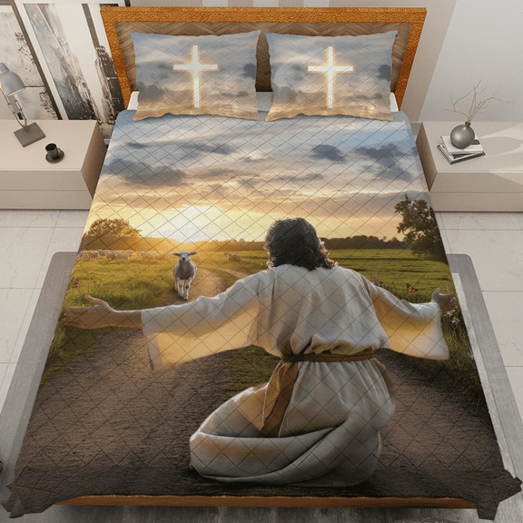 Lotusprinthandmade Lamb And Jesus Christian Quilt Bedding Set (White Binding) 5 Sizes (Made in Vietnam) (90x100), Faith-Inspired Quilt Bedding, Jesus-Themed Comforter Set