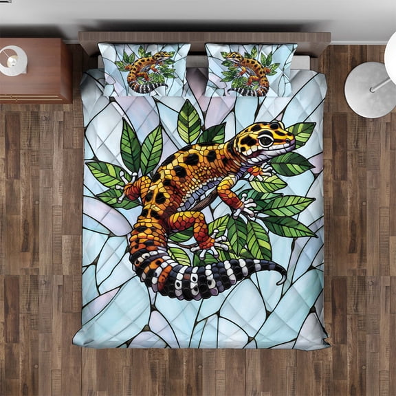 Lotusprinthandmade Leopard Gecko 3D Quilt Bedding Set (Fold Hem) 5 Sizes (Made in Vietnam) (55x60), Leopard Gecko Quilt, Reptile Quilt Bedding Set