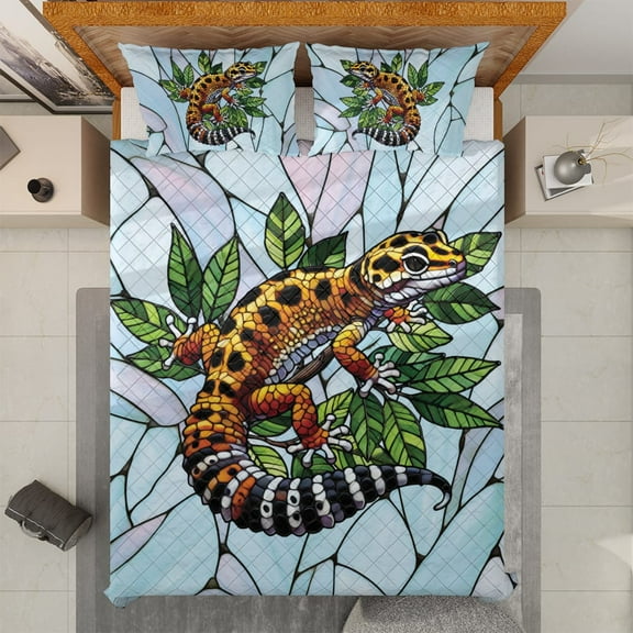 Lotusprinthandmade Leopard Gecko 3D Quilt Bedding Set (White Binding) 5 Sizes (Made in Vietnam) (70x80), Leopard Gecko Quilt, Reptile Quilt Bedding Set