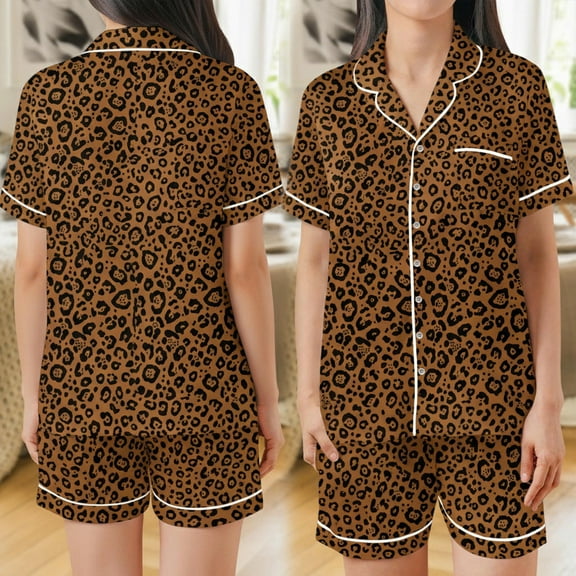 Lotusprinthandmade Leopard Graphic Printed All-over Print Satin Short-Sleeve Pajamas Set (XL), animal print leopard sleepwear
