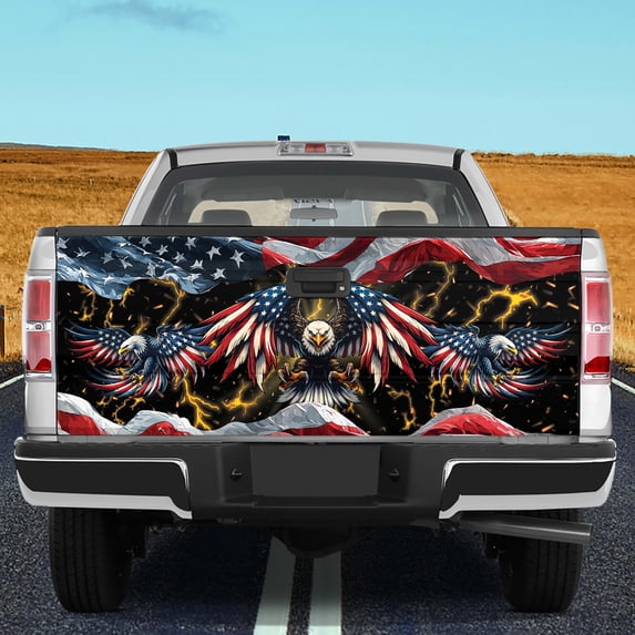 Lotusprinthandmade Lightning America Flag Eagle 3D Tailgate Wrap 2 Sizes (26"x66"), eagle tailgate wrap
