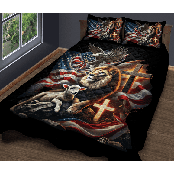 Lotusprinthandmade Lion with Jesus Eagle America Flag Quilt Bedding Set (Fold Hem) 5 Sizes (Made in Vietnam) (55x60), lion jesus quilt, eagle america flag quilt bed set
