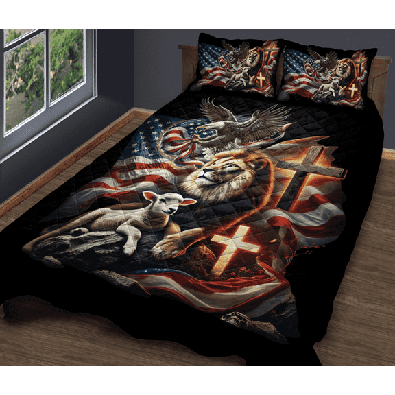 Lotusprinthandmade Lion with Jesus Eagle America Flag Quilt Bedding Set, White Binding, 55x60