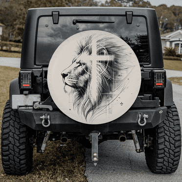 Lotusprinthandmade Lion and Christian Jesus-Symbolic Lion Spare Tire Cover Without Backup Camera Hole 6 Sizes (27 in.)