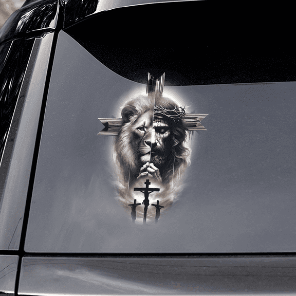 Lotusprinthandmade Lion and Jesus with Cross Transparent Vinyl Decal 4 Sizes, jesus car decal, lion decal