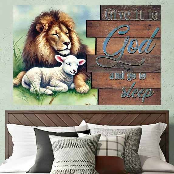 Lotusprinthandmade Lion and Lamb Give It to God and Go to Sleep Christian Poster No Frame 32" x 48"