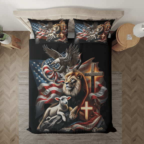 Lotusprinthandmade Lion with Jesus Eagle America Flag Bedding Set (Made in Vietnam) (60x80), lion jesus bedding set, eagle america flag bedding
