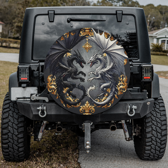 Lotusprinthandmade Love Dragon Couple Spare Tire Cover Without Backup Camera Hole 6 Sizes (27 in.)