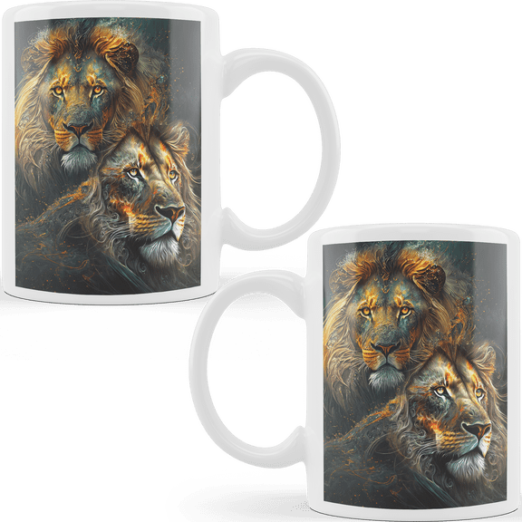 Lotusprinthandmade Majestic Lion Duo White Ceramic Mug (11oz) (Made In US), wildlife-themed coffee mug, artistic lion design cup, abstract lion coffee mug