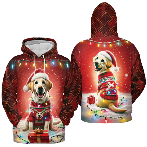 Lotusprinthandmade Merry Christmas Cute Labrador Retriever Hoodie 3D (Lightweight) S-5XL Multicolor (5XL), Playful Holiday Dog Print Hoodie