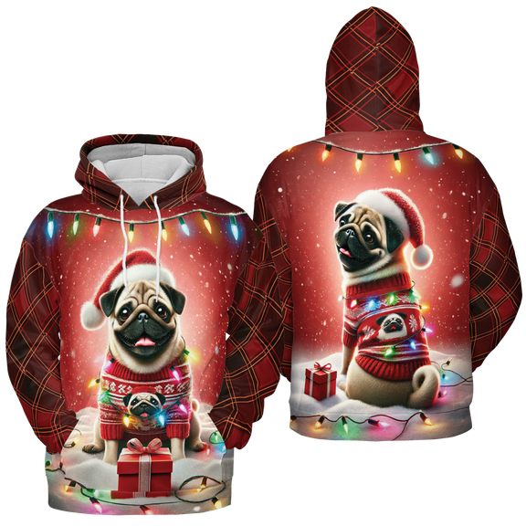Lotusprinthandmade Merry Christmas Cute Pug Hoodie 3D (Lightweight) S-5XL Multicolor (S), Playful Holiday Dog Print Hoodie