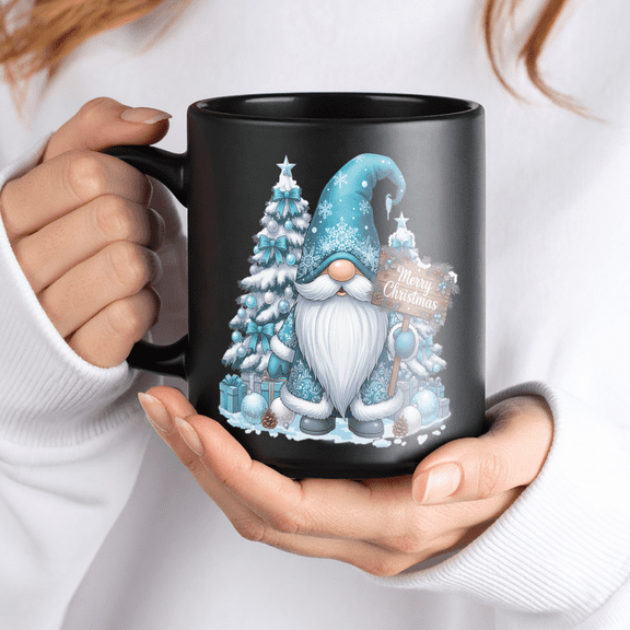 Lotusprinthandmade Merry Christmas Gnomes Lovers Black Ceramic Mug (11oz) (Made In US), christmas gnomes design mug, cute holiday mug