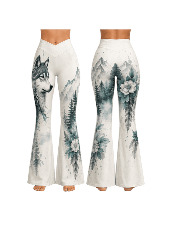 Misty Mountain Wolf Flare Leggings, Forest Animal Bell Bottom Pants