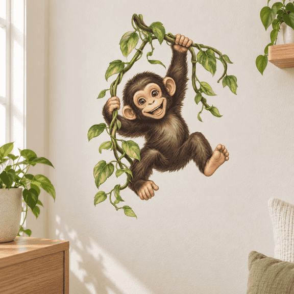Lotusprinthandmade Monkey Vine Transparent Vinyl Decal, Cute Jungle Animal Wall Window Sticker