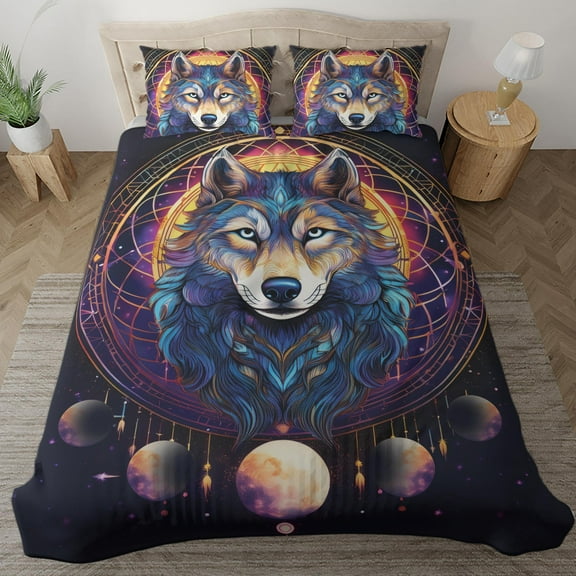 Lotusprinthandmade Moon and Wolf Bedding Set (Made in Vietnam) (78x88), Wolf Lovers Bedding Set, moon and wolf bedspread