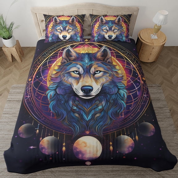Lotusprinthandmade Moon and Wolf Bedding Set (Made in Vietnam) (88x88), Wolf Lovers Bedding Set, moon and wolf bedspread